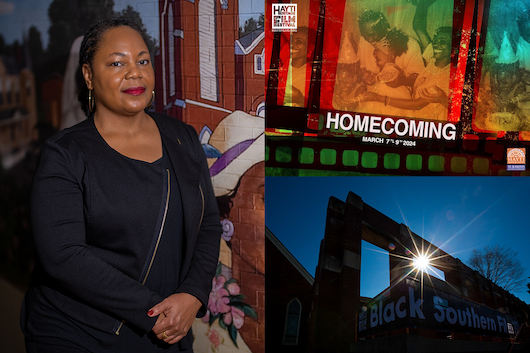 photo of woman standing in front of mural of Hayti Heritage Center, image of Hayti Heritage Film Festival theme entitled Homecoming, photo of exterior of Hayti Heritage Center with light shining through architectural opening